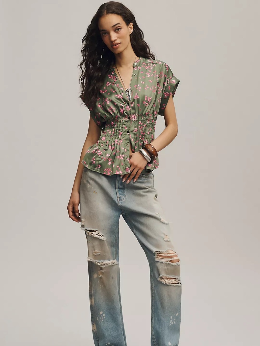 Pilcro Anthropologie Linden Silken Pleated Waisted Blouse Green Floral L - Picture 5 of 9